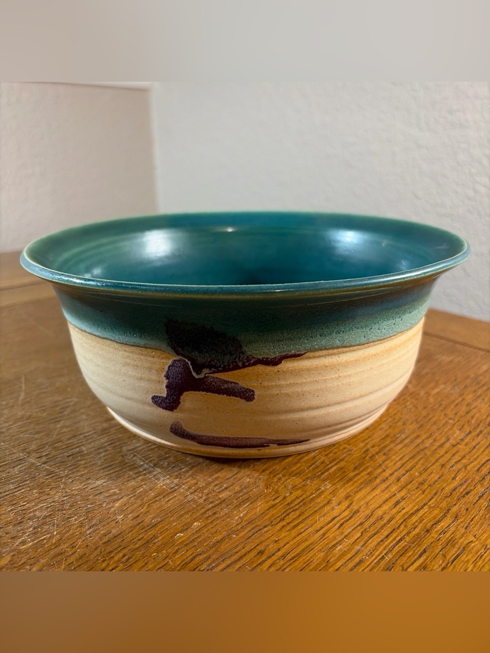 Signed Studio Art Pottery Bowl Teal Green Glaze Hand Thrown Stoneware Signed 9”
